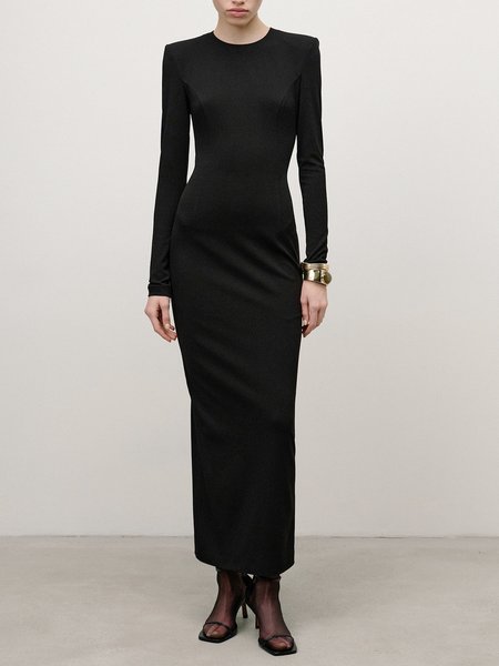 

Crew Neck Regular Fit Plain Elegant Dress, Black, Maxi Dresses