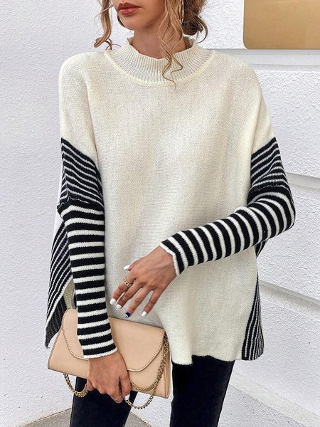 

Urban Stand Collar Striped Loose Sweater, Off white, Pullovers