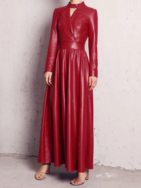 

PU Regular Fit Plain Elegant Stand Collar Long Sleeve Faux Leather Maxi Dress, Red, Maxi Dresses
