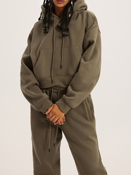 

Casual Plain Hoodie Regular Fit Two-Piece Set, Brown, Suit Set