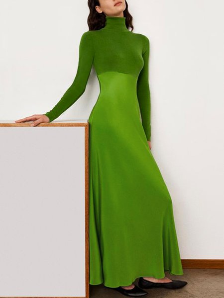 

Elegant Turtleneck Long Sleeve Maxi Dress With No Belt, Green, Maxi Dresses