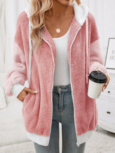 

Fluff/Granular Fleece Fabric Casual Loose Teddy Jacket, Pink, Coats