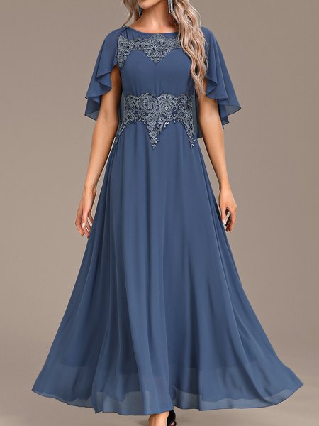 

Chiffon Crew Neck Plain Casual Dress, Blue, Party Dresses