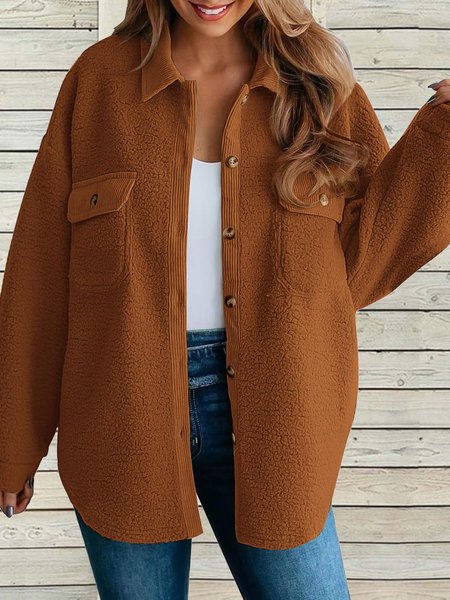 

Loose Casual Plain Teddy Jacket, Deep brown, Coats