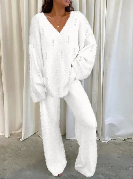 

Plain Casual Loose V Neck Two-Piece Set, White, Suit Set