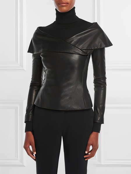 

Urban Cross Neck Plain Long Sleeve Faux Leather Top, Black, Tops