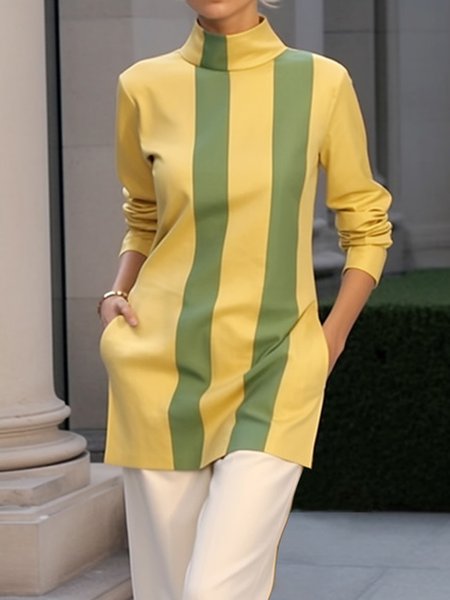 

Jersey Half Turtleneck Casual Striped Shirt, Yellow, Blouses and Shirts