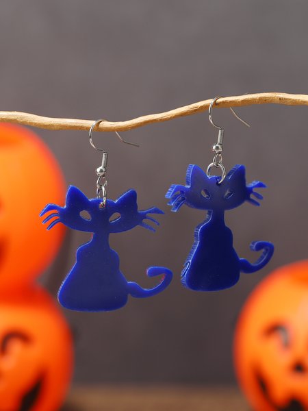 

Halloween Cartoon Cat Wooden Dangle Earrings, Blue, Earrings