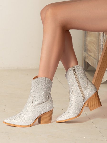 

Women Fashion Rhinestone Block Heel Slip On Western Boots, Silver, Boots