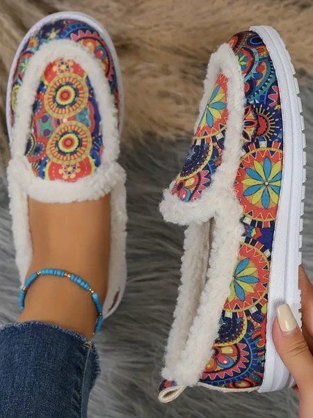 

Ethnic Printed Warmth Faux Fur Slip On Shoes, Multicolor, Flats