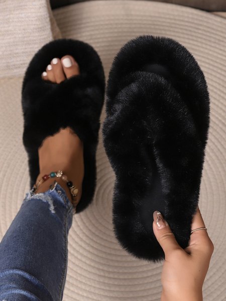 

Casual Cross Strap Faux Fur Comfy Fluffy Slippers, Black, Slippers