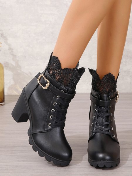 

Vintage Lace Paneled Chunky Heel Boots, Black, Boots