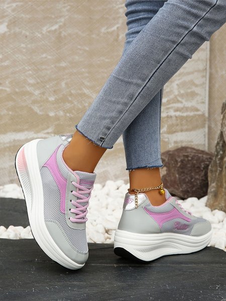 

Casual Mesh Fabric Paneled Letters Embroidery Platform Walking Shoes, Pink, Sneakers