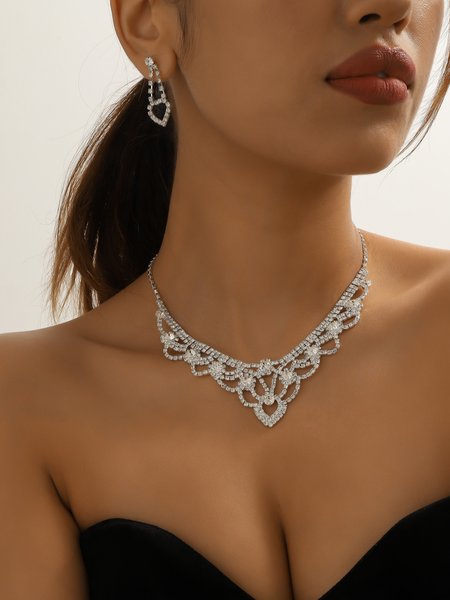

2PCS Rhinestone Heart Dangle Earrings Evening Party Pendant Necklace Wedding Jewelry Set, As picture, Necklaces