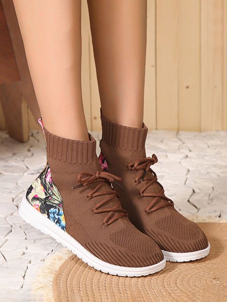 

Casual Floral High-Elastic High Top Fly Woven Sneakers, Brown, Sneakers