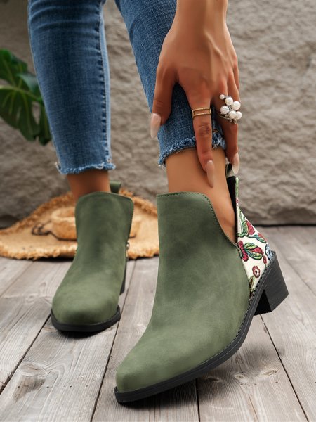 

Floral Embroidery Color Block Block Heel Chelsea Boots, Green, Boots