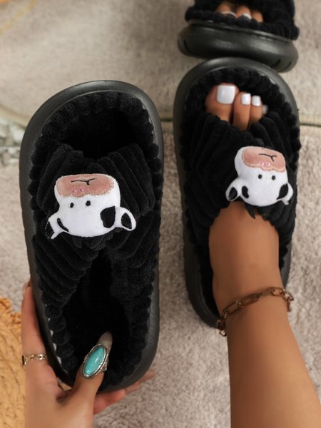 

Casual Cartoon Cow Warmth Cross Strap Slippers, Black, Slippers