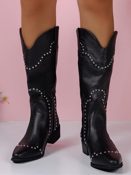 

Women Retro Rivet Decor Block Heel Slip On Western Boots, Black, Boots