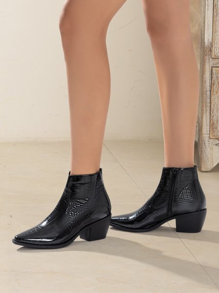 

Lady Minimalist Crocodile Texture Embossed Block Heel Fashion Boots, Black, Boots