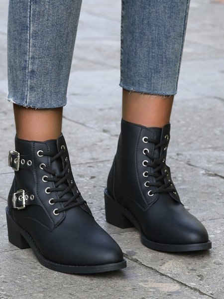 

Vintage Buckle Decor Lace-Up Block Heel Boots, Black, Boots