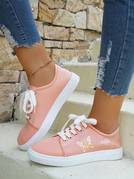 

Casual Butterfly Embroidery Lace-Up Canvas Shoes, Pink, Sneakers