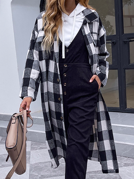 

Loose Casual Shirt Collar Plaid Coat, Black, Trench Coats