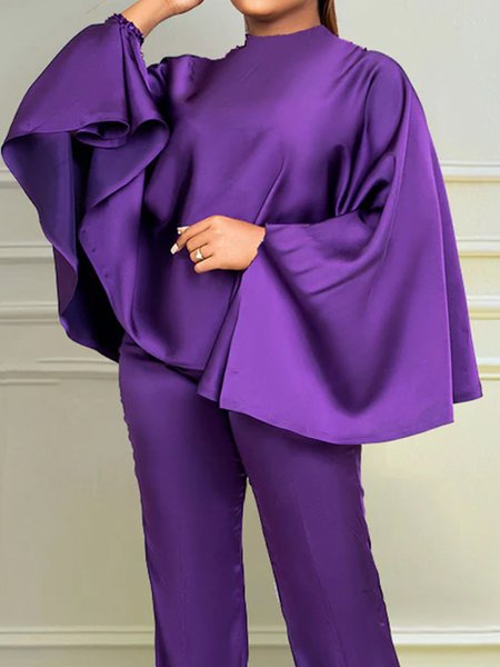

Stand Collar Batwing Sleeve Plain Satin Urban Shirt, Purple, Blouses and Shirts