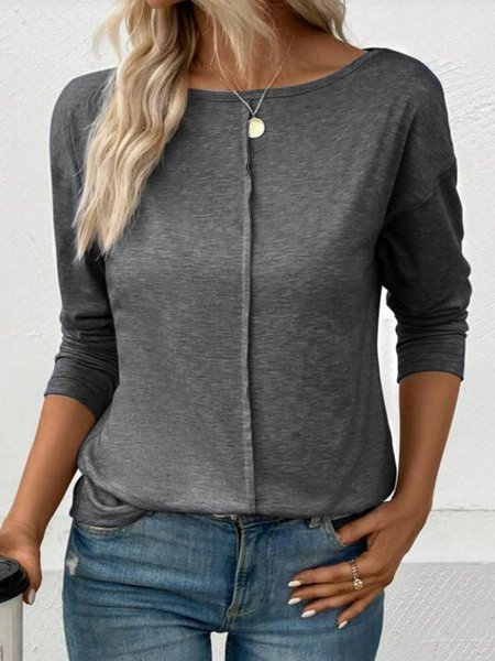 

Women Plain Crew Neck Casual Long Sleeve T-shirt, Gray, Long Sleeves