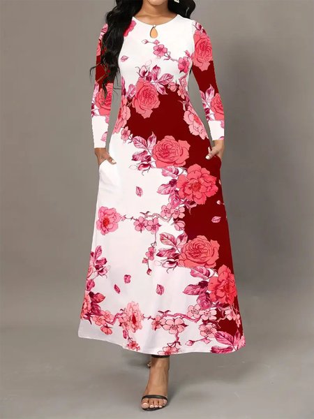 

Crew Neck Elegant Regular Fit Dress, Red, Dresses
