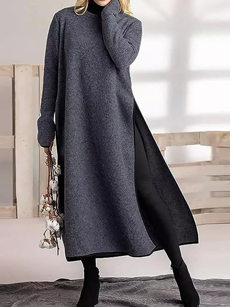 

High Elasticity Loose Plain Crew Neck Long Sleeve Casual Mid-long Sweater, Gray, Pullovers