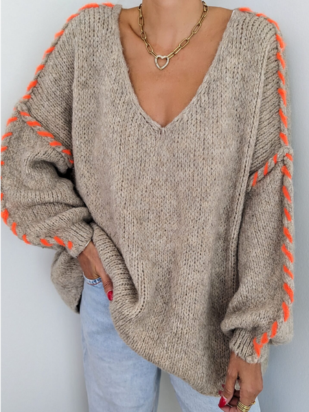 

Loose Casual Plain Knitted Sweater, Khaki, Sweaters