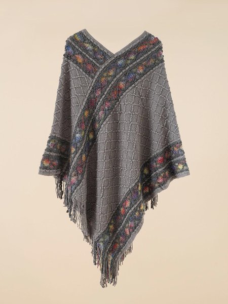 

Ethnic Style Fringe Knitted Wrap Shawl, Gray, Women Scarves & Shawls