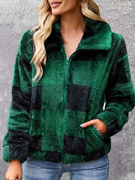 

Shawl Collar Plaid Casual Teddy Jacket, Green, Coats