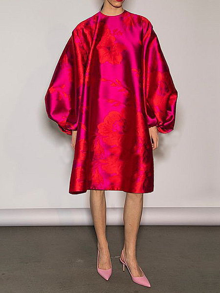 

Loose Crew Neck Long Sleeve Floral Elegant Midi Dress, Red, Midi Dresses