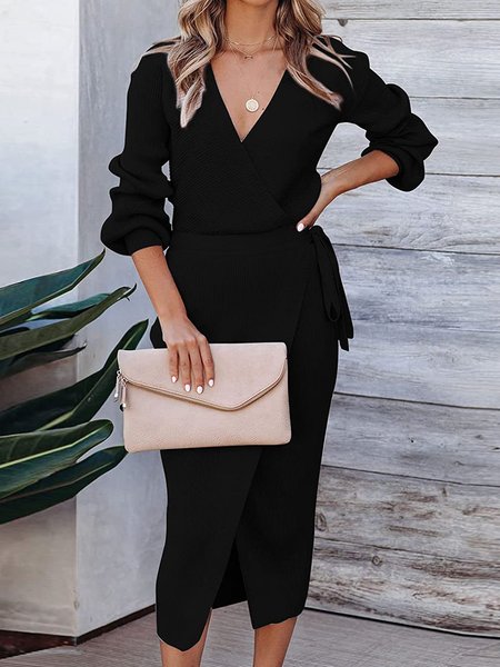 

Elegant Plain Regular Fit V Neck Dress, Black, Dresses