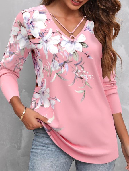

V Neck Floral Casual Loose T-Shirt, Pink, Long sleeves