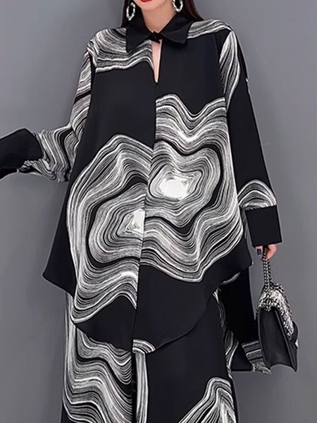 

Loose Shirt Collar Urban Chevron Blouse, Black, Blouses and Shirts