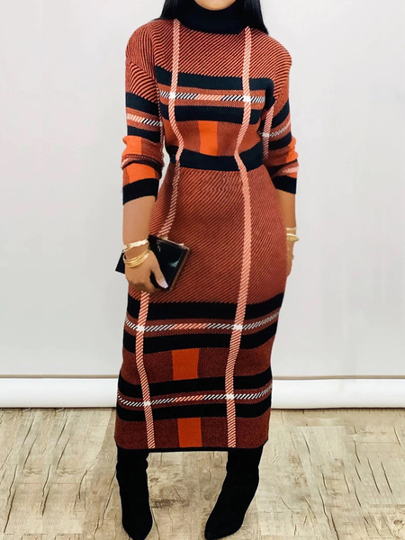 

Regular Fit Elegant Turtleneck Long Sleeve Plaid Sweater Maxi Dress, As picture, Maxi Dresses