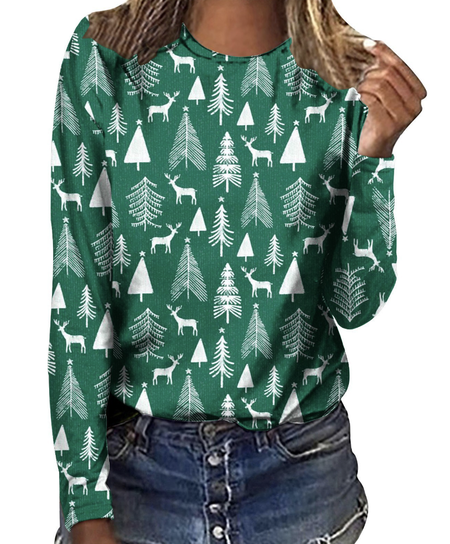 

Casual Christmas Long Sleeve Crew Neck T-Shirt, Green, Long sleeves