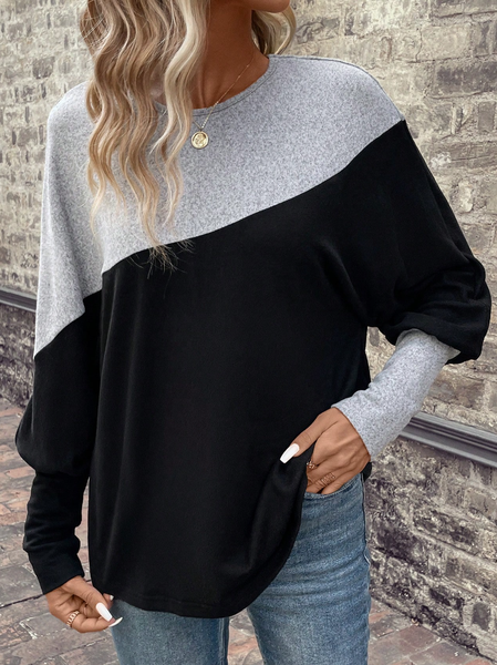 

Casual Crew Neck Color Block Loose T-Shirt, Black, T-Shirts