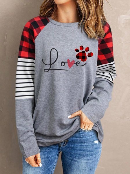 

Crew Neck Plaid Casual Loose T-Shirt, Red, T-Shirts