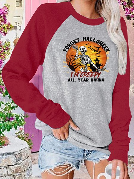 

Casual Halloween Crew Neck Long Sleeve T-shirt, Red, T-shirts