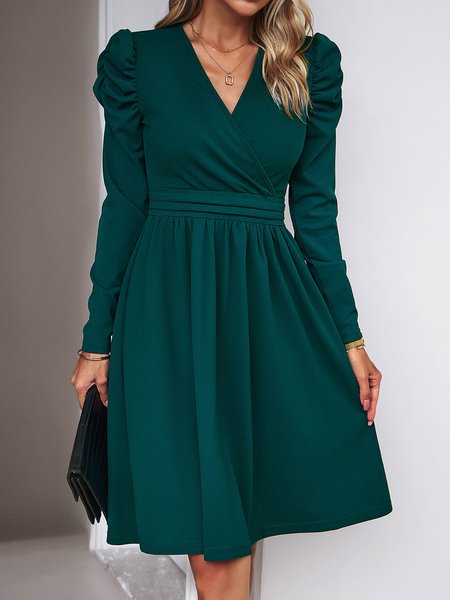 

V Neck Ruched Elegant Loose Dress, Green, Party Dresses