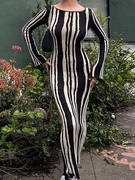 

Long Sleeve Elegant Crew Neck Sweater Dress, Black, Maxi Dresses