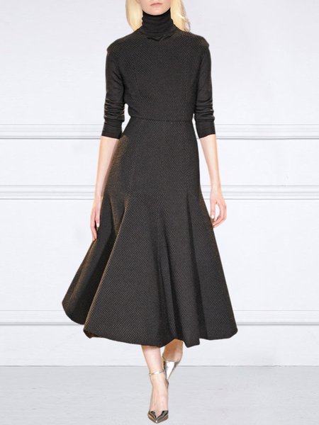 

Elegant Regular Fit Plain Turtleneck Dress With Inside T-shirt Two-Piece Set, Black, Two-piece Set