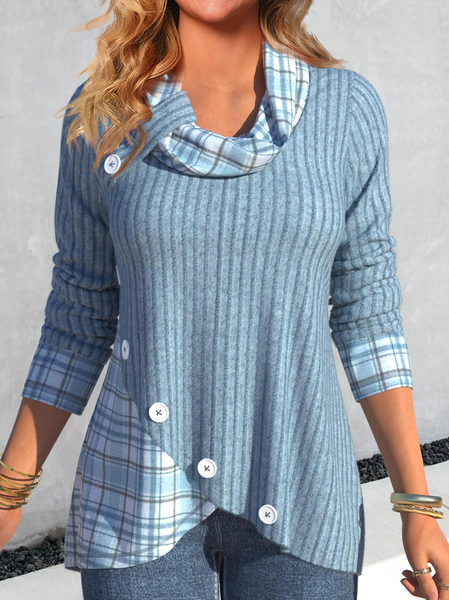 

Turtleneck Plaid Casual Loose Sweatshirt, Light blue, Sweatshirts & Hoodies