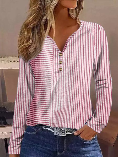 Casual Striped Loose V Neck T Shirt