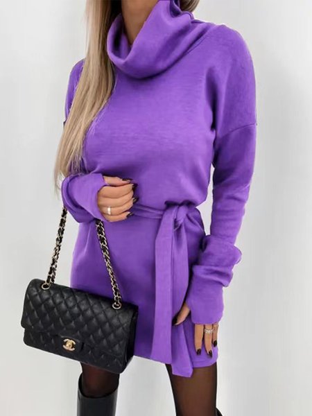 

Casual Plain Cotton-Blend Turtleneck Dress, Purple, Dresses
