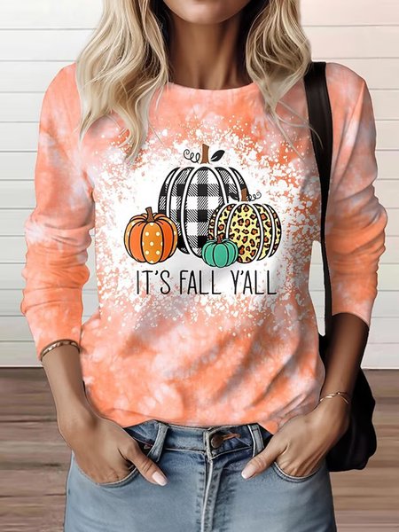 

Casual Loose Crew Neck Halloween T-Shirt, Pink, Long sleeves