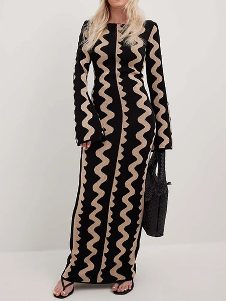 

Long Sleeve Crew Neck Urban Sweater Dress, Black-coffee, Maxi Dresses